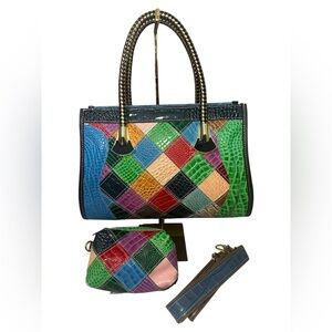 Chaos by Elsie NWT Set of Multicolor Croc Embossed Leather Satchel & Pouch